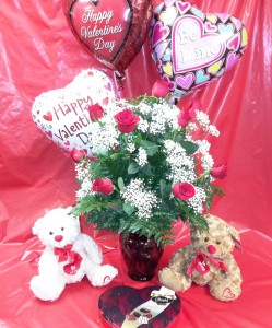 Valentine's Bundle Dozen Long-Stemmed Red Roses, Chocolates, Bear & Balloon
