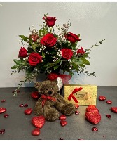Valentine's Bundle Roses, Teddy Bear & Chocolates