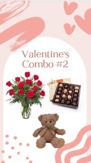 Valentine's Combo #2 Dozen Red Roses, Large box of Chocolates, and a Stuffed Plush