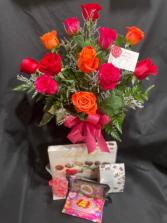 Valentines 2023 Combo  Dozen Assorted Roses in Vase with Goody Bag