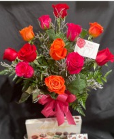 Valentines 2026 Combo  Dozen Assorted Roses in Vase with Box of 6 Truffles in Red Lake, Ontario | FOREVER GREEN GIFT BOUTIQUE