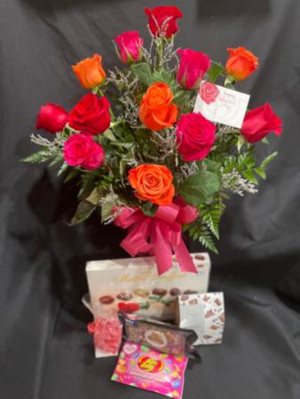 Valentines 2023 Combo  Dozen Assorted Roses in Vase with Goody Bag in Red Lake, ON | FOREVER GREEN GIFT BOUTIQUE