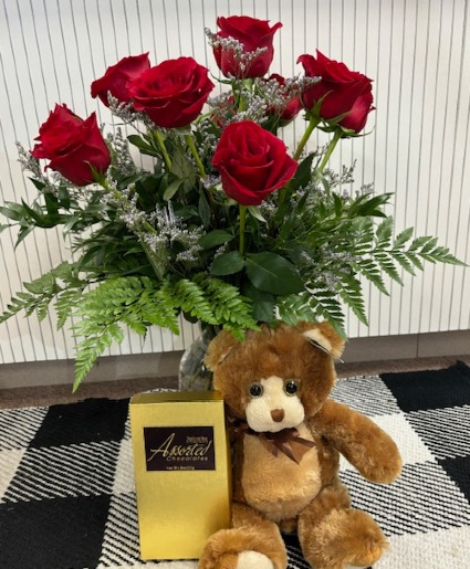 Valentine's Day Bundle Roses, Chocolates, & Teddy Bear