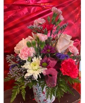 Valentine's Day metal pale Metal Pale filled with assorted fresh flowers