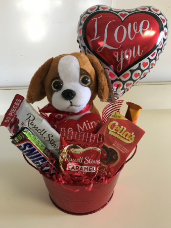 Valentine's Day Puppy and Candy Arrangement Holiday Gift