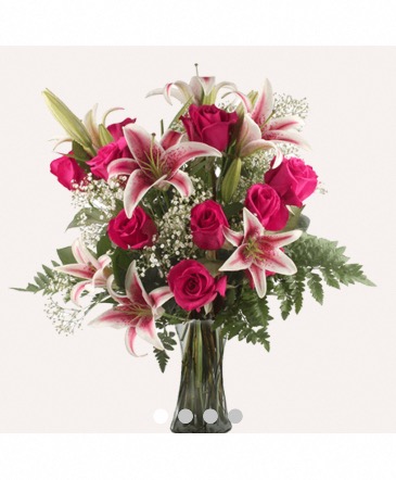  Roses and Lilies! One  Dozen Long Stem Red Roses with Oriental Lilies in Margate, FL | THE FLOWER SHOP OF MARGATE