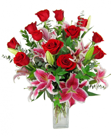 One Dozen Roses With Lilies 