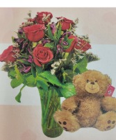 Valentines Day Special #1  Dozen Roses with Filler and Small Teddy Bear