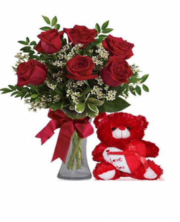 Valentine’s Day Special 6 Red Roses & Stuffed Animal in Selma, NC | Selma Florist