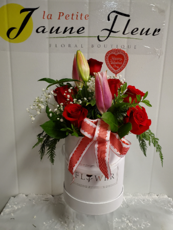 Valentines-Flower Box of Love 8-12 Roses with Oriental Lilies added