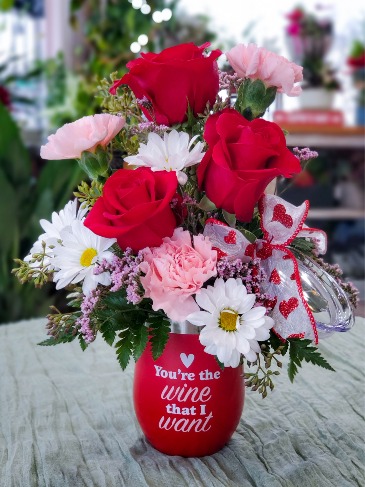 Valentines Flowers & Wine Tumbler in Warsaw, IN | ANDERSON FLORIST & GREENHOUSE Valentines Flowers & Wine Tumbler in Warsaw, IN | ANDERSON FLORIST & GREENHOUSE