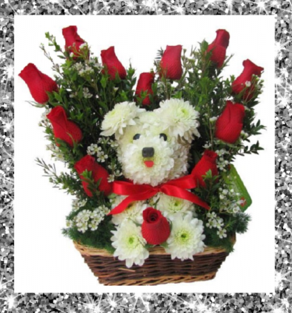 Valentine's Puppy Love Red Roses with Puppy Floral Design