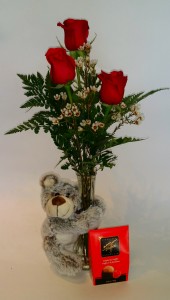 Thinking of you! Bud Vase Arrangement, chocolates and teddy