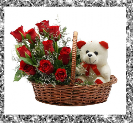 Valentine's Wicker Basket of Love Red Roses & Stuffed Animal