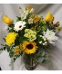 Vase arrangement of yellows, greens and whites (Flowers could be different depending on stock but will stick to those colors)
