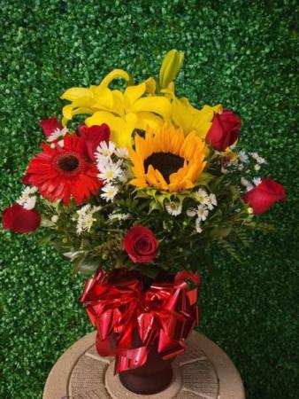 Vase Arrangement with Roses & Sunflower 
