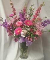 Loving Blooms Bouquet...shades of lavender, pinks and white flowers arranged in a vase!