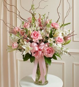 VASE PINK AND WHITE LILIES, ROSES, LARKSPUR