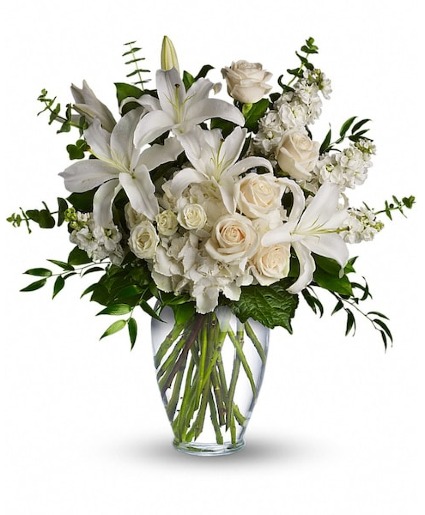 Vase with White Lilies , White Roses & White Carna 