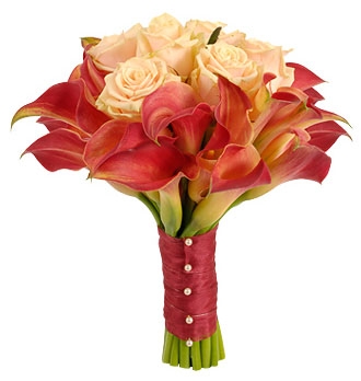 VERMILION CALLA & ROSES BRIDAL BOUQUET