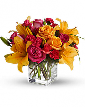 Vibrant Cube Of Lilies, Roses, And Carnations Flower Arrangement in Tulsa, OK | THE WILD ORCHID FLORIST Vibrant Cube Of Lilies, Roses, And Carnations Flower Arrangement in Tulsa, OK | THE WILD ORCHID FLORIST