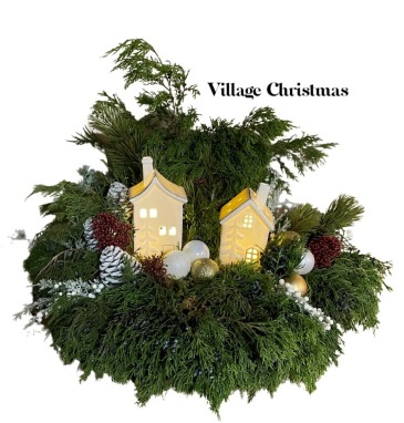 Village Christmas container arrangement in Invermere, BC | INSPIRE FLORAL BOUTIQUE