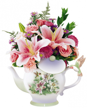 Vintage Hummingbird Teapot Bouquet (**Please phone us for availability. ) in Winnipeg, MB | KINGS FLORIST LTD Vintage Hummingbird Teapot Bouquet (**Please phone us for availability. ) in Winnipeg, MB | KINGS FLORIST LTD