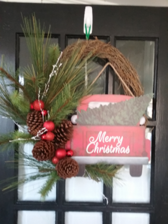 Vintage Merry Christmas Wreath with vintage red truck