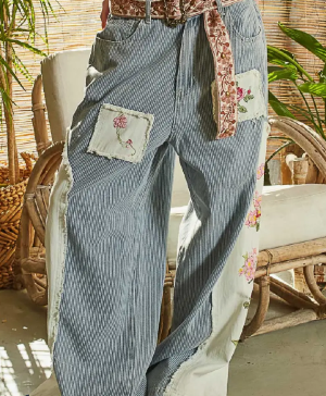 Vintage Washed Embroidered Side Stripe Denim Pants Clothing