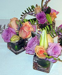 Lilies & Roses in Square Vases Reception Arrangements