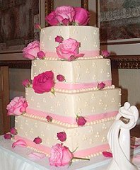 Wedding Cake with Pink Roses & Rose Buds