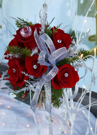 A Red Rose, Pine and Silver Glam Bouquet