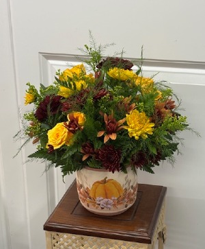 Warm Fall Ceramic Container with Fresh Flowers
