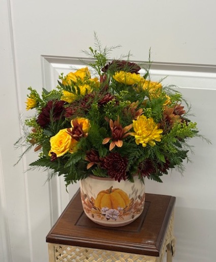 Warm Fall Ceramic Container with Fresh Flowers