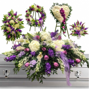 WAS $1500.00/LAVENDER 5 PC FUNERAL PACKAGE.  STANDING SPRAY, WREATH, SOLID HEART PEDESTAL, AND CASKET. IN STORE CASH PURCHASE $750