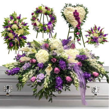 WAS $1500.00/LAVENDER 5 PC FUNERAL PACKAGE.  STANDING SPRAY, WREATH, SOLID HEART PEDESTAL, AND CASKET. IN STORE CASH PURCHASE $800