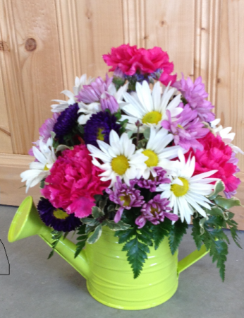 Watering Can Arrangement Assorted Colors (flowers and cans)
