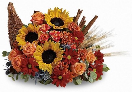 We Are Thankful Cornucopia Filled with Mixed Fall Flowers