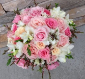 Wedding Bouquet Pretty in Pink Pink Roses, white Freesia and Heather