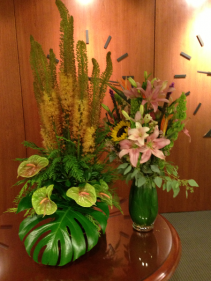 Reception area displays Weekly flower service