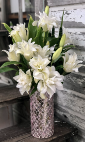 Weekly Special Elegant Double Lilies In Mosaic Vase