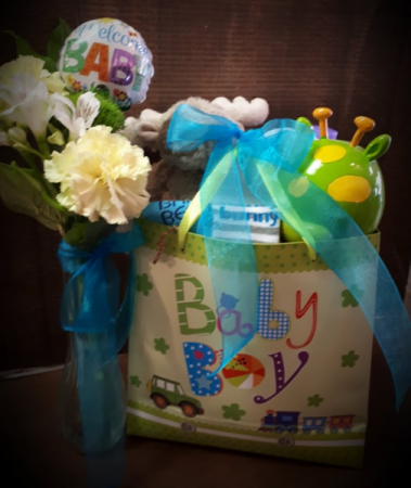 Welcome Baby gift basket and flowers