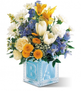 Welcome Little One Bouquet (Baby Blue) All-around floral arrangement