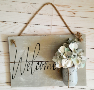 Welcome Sign with Mason Jar Farmhouse/Cottage Chic Decor