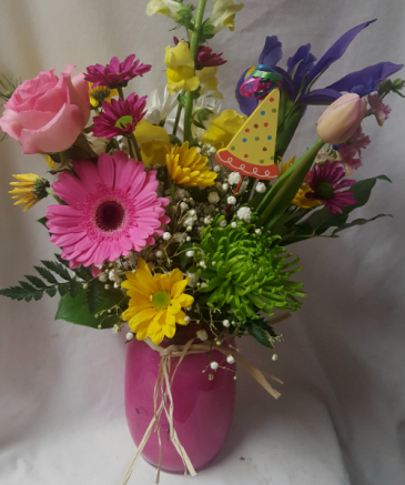 Colored Mason Jar with bright seasonal flowers and birthday pic!!