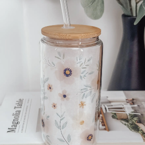 Whimsical Garden 16oz Glass Cup with Bamboo Lid 