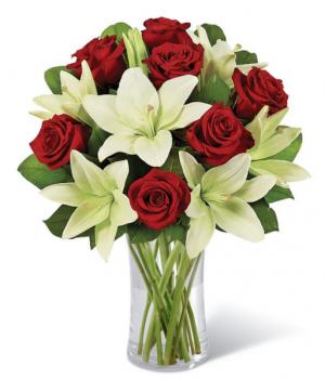 Whimsical White Lily & Red Rose Bouquet 