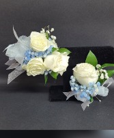 White and baby blue corsage and boutonniere  Prom 