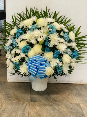 White and blue flowers  Sympathy basket 