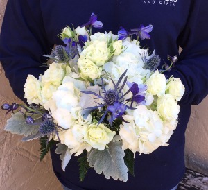 White and Blue Prom Bouquet Handheld Bouquet